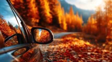 The vibrant hues of autumn leaves reflect beautifully in the side mirror of a car, capturing the essence of a scenic drive through nature's stunning fall foliage.