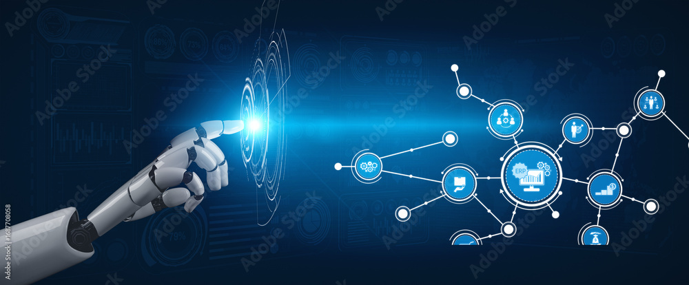 Poster a robotic hand reaches out to interact with a digital interface, representing the integration of adv