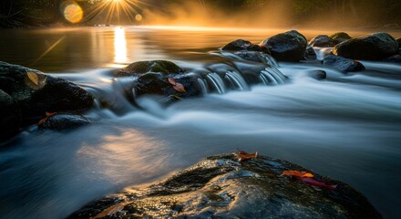Scenic river flowing over rocks at sunrise, creating a mesmerizing display of light and flowing water in a tranquil, natural environment.