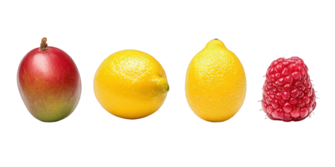 Tropical delight featuring a mango, two zesty lemons, and a vibrant raspberry, promising freshness and flavor for healthy eating and vibrant recipes