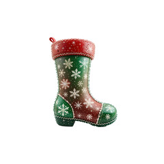 Festive Christmas Stocking Ornament with Snowflake Design.A vibrant Christmas stocking ornament, featuring a green and red design with intricate snowflake patterns.