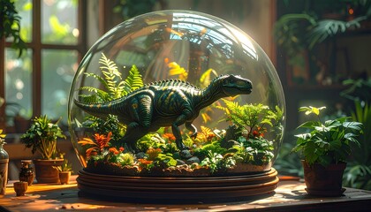 Magical Terrarium with a Dinosaur, Fantasy Digital Artwork Featuring Luminescent Mushrooms, Sparkling Crystals, Whimsical Fairy Scene, Moss, Ferns, Rocks, Enchanted Garden Concept Art Vibrant Colors