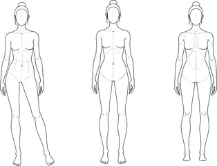 Female Body Anatomy Line Art Front and Back Views – Medical, Fitness, Fashion Design Template – Muscle and Pose Reference Vector Illustration