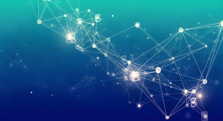 Dynamic digital network with interconnected glowing nodes and lines on a blue gradient, symbolizing global technology and data flow.