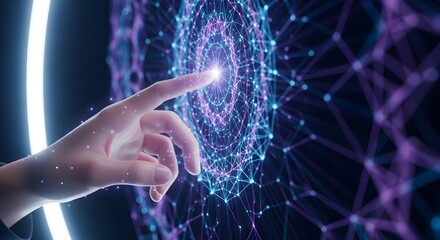 Hand touching a glowing digital network, representing AI, technology, and futuristic connections.