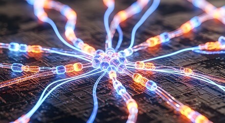 Abstract digital neural network, futuristic AI connection concept, glowing lines on a circuit board.