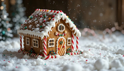Festive gingerbread house in snow, perfect for Christmas.A beautifully decorated gingerbread house sits nestled in a bed of simulated snow, showcasing intricate icing details, colorful candies, and ca