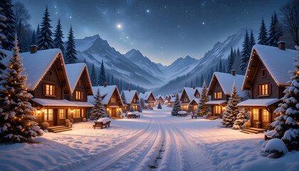 Cozy Christmas Village in Snowy Mountains at Night.A picturesque winter scene showcasing a charming village nestled in a mountain valley.