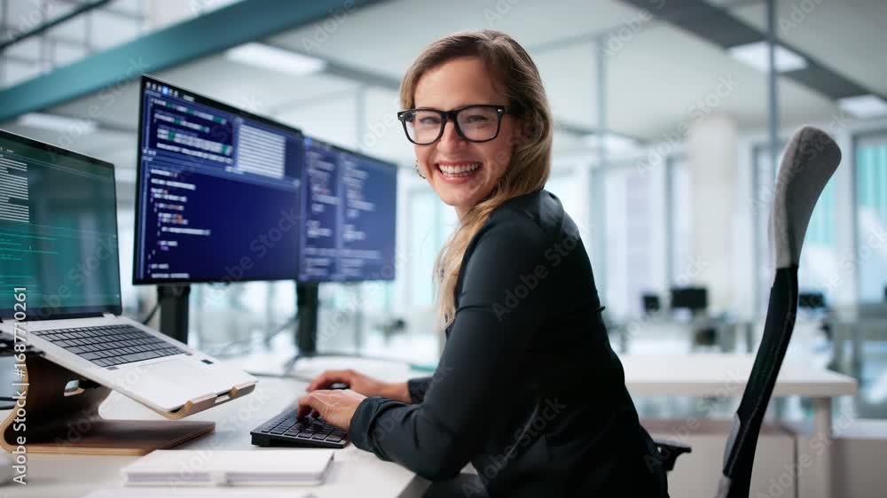 Poster happy female programmer working on multiple screens