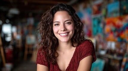 A confident and cheerful young woman smiles warmly in a vibrant artistic workspace, surrounded by colorful artwork and creative energy, embodying inspiration and creativity.