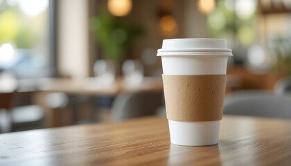 A disposable coffee cup on a wooden table in a cafe..A close-up of a disposable white coffee cup with a brown paper sleeve resting on a wooden table.