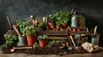 Obraz premium Indoor Herb Garden with Gardening Tools and Soil