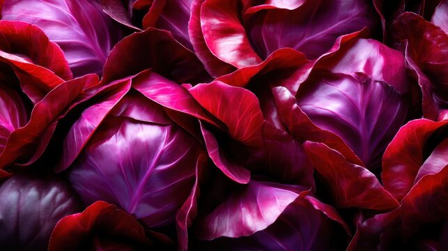 An artistic close-up of vibrant red cabbage leaves, presenting a visually striking pattern that encapsulates nature's intricate design.