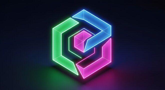 Abstract geometric neon hexagon with glowing green, blue, and pink lights on a dark background.