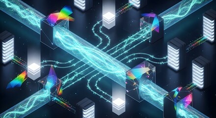 Futuristic digital data flow through abstract geometric prisms and servers.