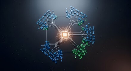 Abstract 3D rendering of a central processing unit CPU with connected nodes representing a network or system, highlighting technology and data processing.