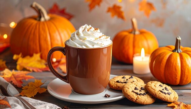 Pumpkin spice latte with whipped cream and cookies, cozy autumn setup with pumpkins