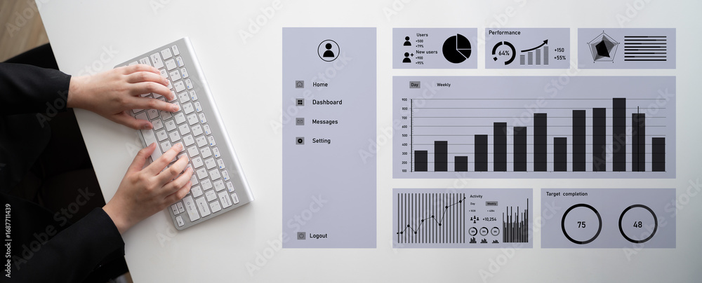 Poster modern workspace with a clean layout displaying various graphs and metrics. ideal for concepts relat