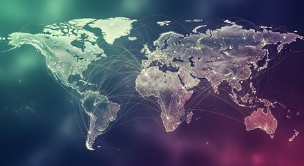 Global network connections: Illuminated world map with lines representing international communications and data flow.
