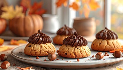 Acorn shaped autumn cookies with chocolate topping on plate, cozy seasonal dessert with pumpkins and autumn leaves
