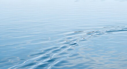 Serene light blue water with gentle ripples and a subtle wake, conveying tranquility.