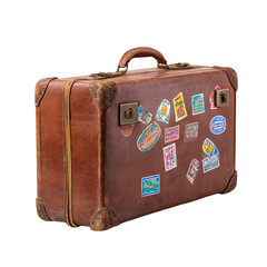 Vintage travel suitcase adorned with colorful retro destination stickers, evoking feelings of wanderlust and nostalgia for past adventures and exploration