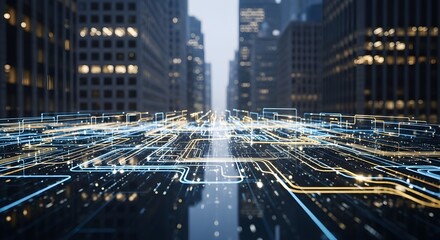 Dynamic data lines illuminate a smart city skyline, symbolizing global connectivity, digital transformation, and advanced urban technology.