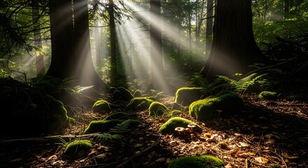 Sunbeams illuminate a lush, moss-covered forest floor with towering trees.
