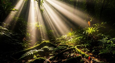 Sunbeams streaming through lush tropical rainforest vegetation, creating a magical and serene atmosphere.