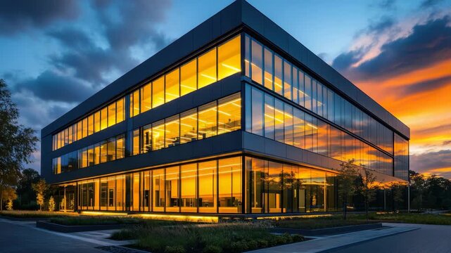 Modern office building reflecting sunset tones in a calm urban landscape showcasing contemporary architecture and design