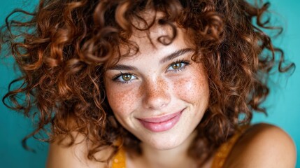 A portrait of a cheerful young woman with curly hair, captivated by her bright smile, radiating positivity and confidence against a vibrant aqua background that enhances her charm.