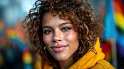 A confident woman with curly hair and a warm smile stands in front of a vibrant pride flag backdrop, embodying inclusivity and celebration of love and diversity.