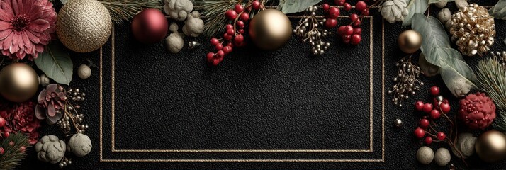 Elegant holiday floral arrangement with gold and red ornaments on a dark textured background for festive celebration