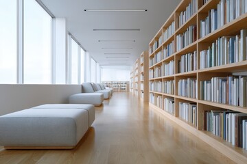 A modern library with tall bookshelves, comfortable reading areas, and large windows letting in daylight