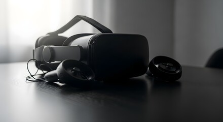 Modern VR headset with controllers resting on a dark table, ready for immersive gaming or virtual experiences.