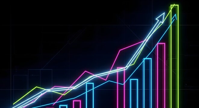 Futuristic neon bar and line graphs depicting rapid financial growth, market success, and advanced data analytics in a digital economy.