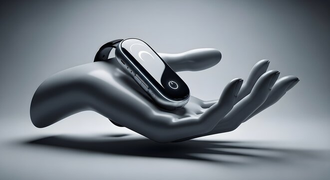 Futuristic wearable technology concept, presented on a sculpted hand, showcasing innovation and design.