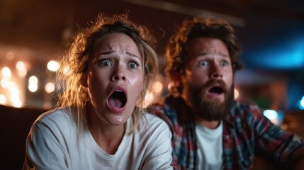 This image captures a thrilling moment as a couple reacts with expressions of shock and fear while watching a scary movie together, showcasing raw emotions.