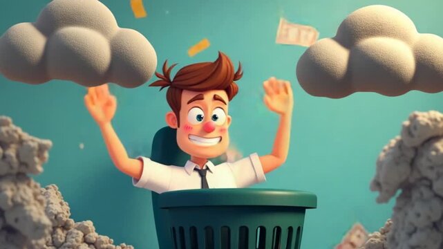 Get rid of work anxiety, 4k animation of joyful entrepreneur discards in garbage anxious and troubled.