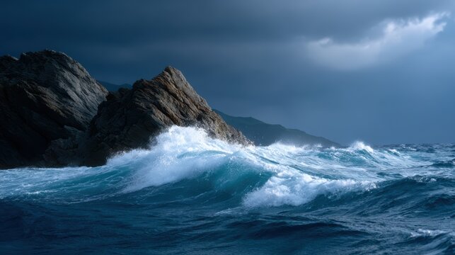 Ocean waves crashing against rugged cliffs with storm clouds overhead and dramatic lighting
