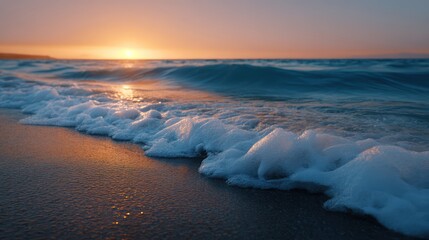Sunset over a calm ocean with gentle waves lapping at the shore