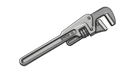 Detailed illustration of a sturdy pipe wrench with adjustable jaw, designed for gripping and turning pipes and fittings, featuring a metallic gray finish and ergonomic handle for professional plumbing