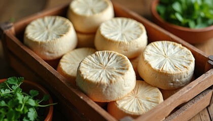 Traditional artisanal Brazilian cheese known as Queijo Canastra presented in rustic wooden crate. Aged cheeses feature distinctive rind, arranged on wooden surface, hinting at countryside farm
