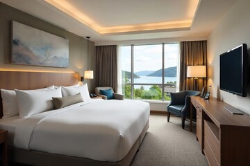 Fototapeta premium Luxurious motel suite with plush bedding, modern decor, and large windows offering scenic views Enjoy upscale amenities and comfortable accommodations for a relaxing getaway , interior, vacation