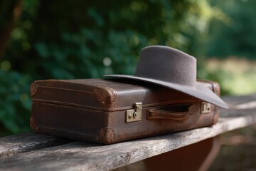 A vintage leather suitcase and wide-brimmed hat resting on a weathered bench at a rustic train station surrounded by nature