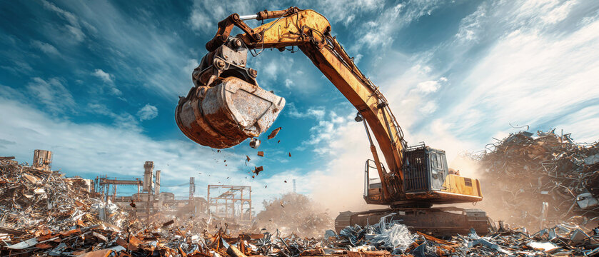 Powerful metal grabber lifts scrap in junkyard under a bright bl - Powered by Adobe