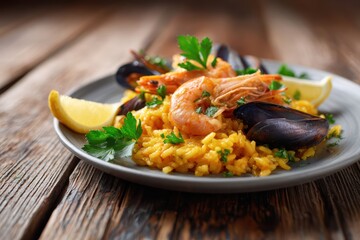 Plate of fresh seafood paella garnished with lemon wedges and parsley on a rustic wooden table