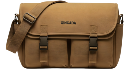 A stylish brown messenger bag with a unique wood grain pattern, featuring multiple pockets and a comfortable shoulder strap, isolated on transparent background