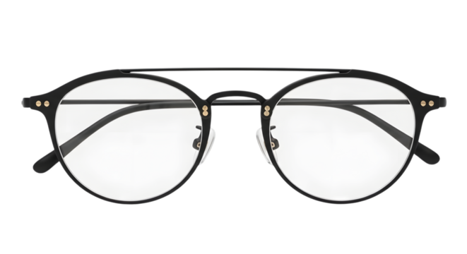 A pair of modern round eyeglasses with a black metal frame and clear lenses, featuring a double bridge design, isolated on transparent background
