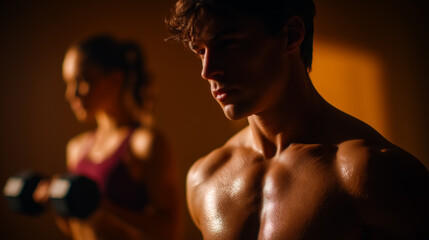 Man focusing intently while holding dumbbell. Strong physique highlighted by soft lighting in minimalist gym setting. Concept of fitness, strength training, health motivation
